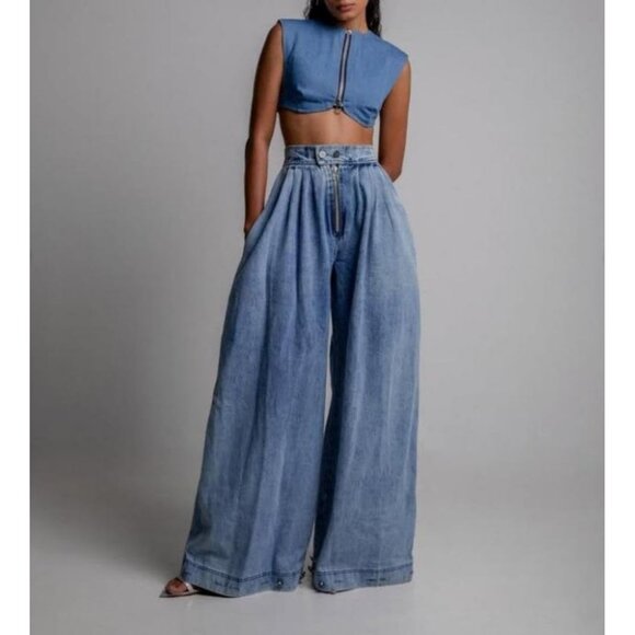 Women's High Waisted Wide Leg Denim Jeans Casual Vintage Trousers - Picture 4 of 7